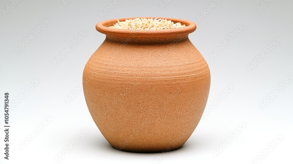 Clay Pot with Rice Grains Traditional Kitchenware Rustic Design White Background
