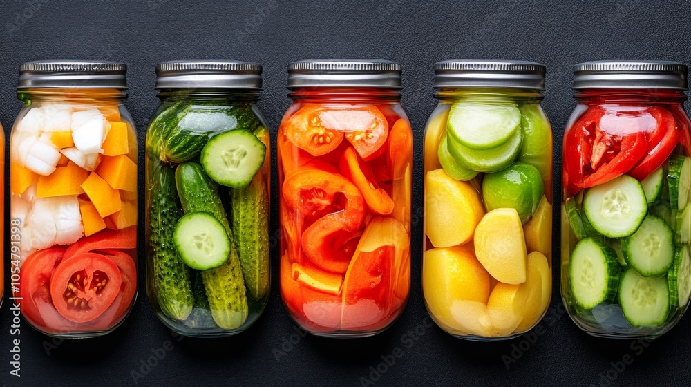 Fresh Homemade Pickled Vegetables in Glass Jars on Black Background Fresh Homemade Pickled Vegetables in Glass Jars on Black Background