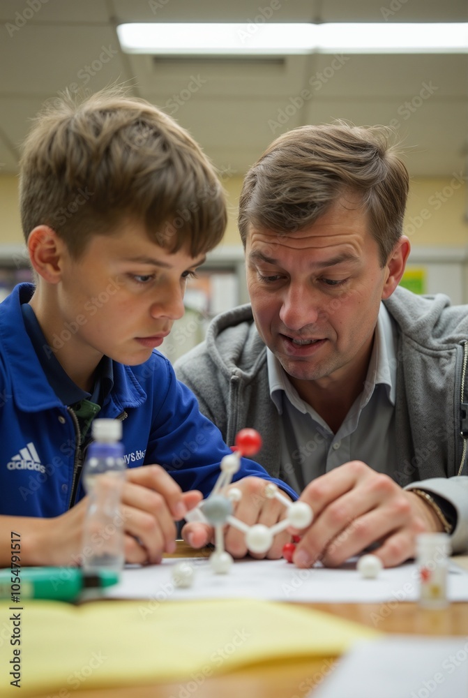 A Young Student and Mentor Collaborating on a Molecular Model in a Classroom Setting A Young Student and Mentor Collaborating on a Molecular Model in a Classroom Setting