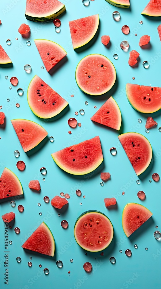 Watermelon slices arranged on a blue background. The watermelon pieces are different shapes and sizes. Watermelon slices arranged on a blue background. The watermelon pieces are different shapes and sizes.
