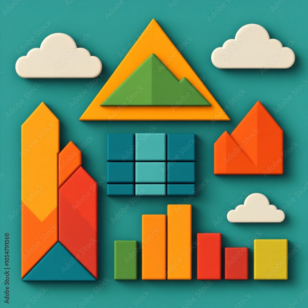 Colorful geometric shapes depicting landscapes and clouds in a playful arrangement. Colorful geometric shapes depicting landscapes and clouds in a playful arrangement.