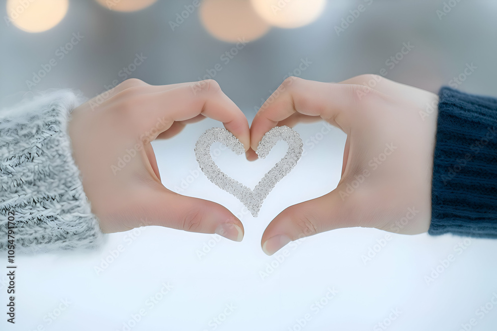Obraz premium Couple Forming Heart Shape with Hands in Winter Setting, Romantic Gesture and Love Concept