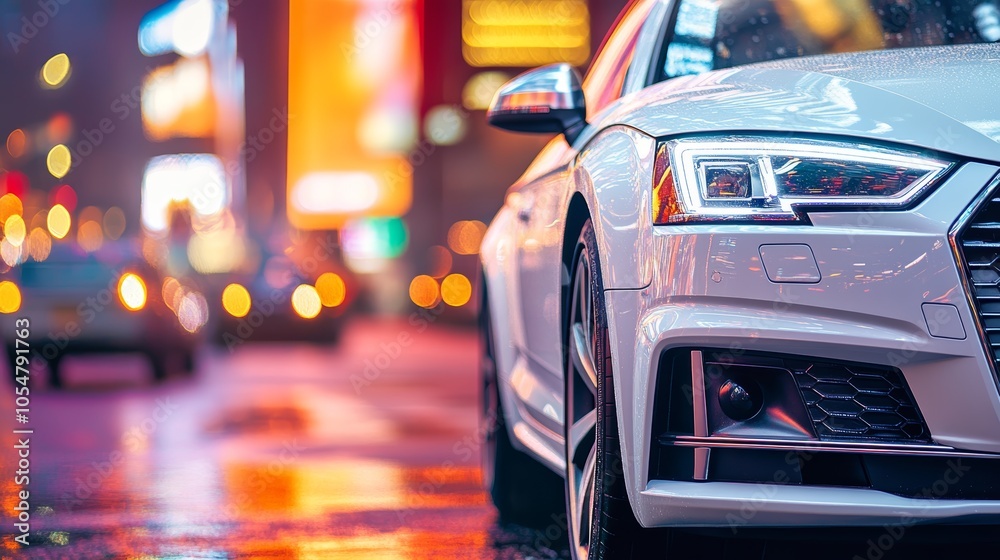 Sleek white car parked on rains licked city street at night reflecting the vibrant city lights