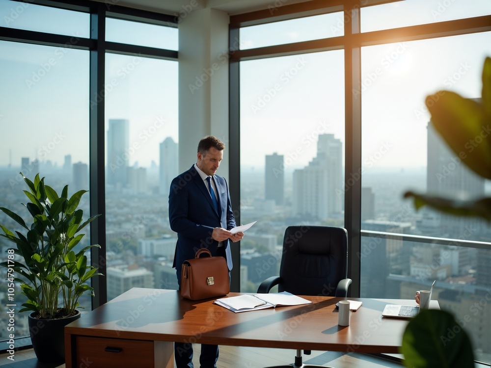Businessman Reviewing Documents in Modern Office with City View Businessman Reviewing Documents in Modern Office with City View
