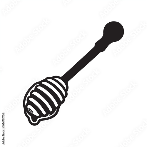 Wooden honey spoon, honey dipper wand. Hand drawn doodle silhouette on white background
