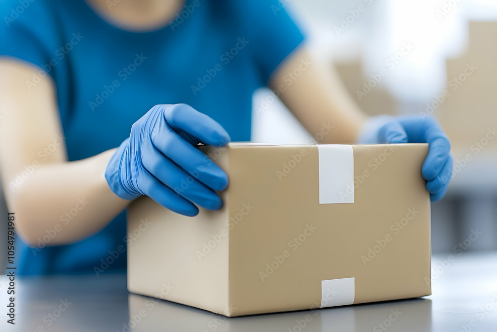 Worker with Blue Gloves Handling Cardboard Box in Shipping Center, Concept of Delivery and Logistics Worker with Blue Gloves Handling Cardboard Box in Shipping Center, Concept of Delivery and Logistics