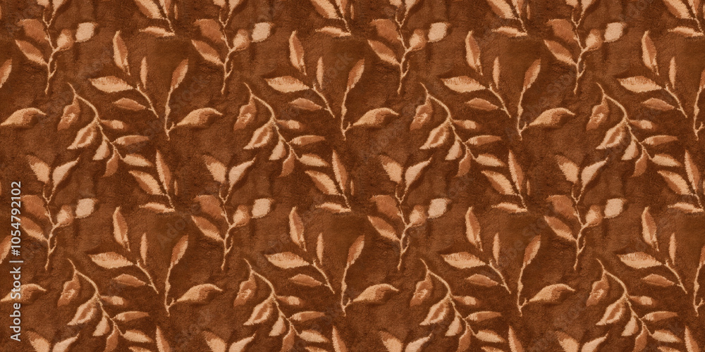 Seamless Pattern Texture Background: A close-up, top-down view of a warm brown hotel carpet adorned with a delicate, organic leaf pattern