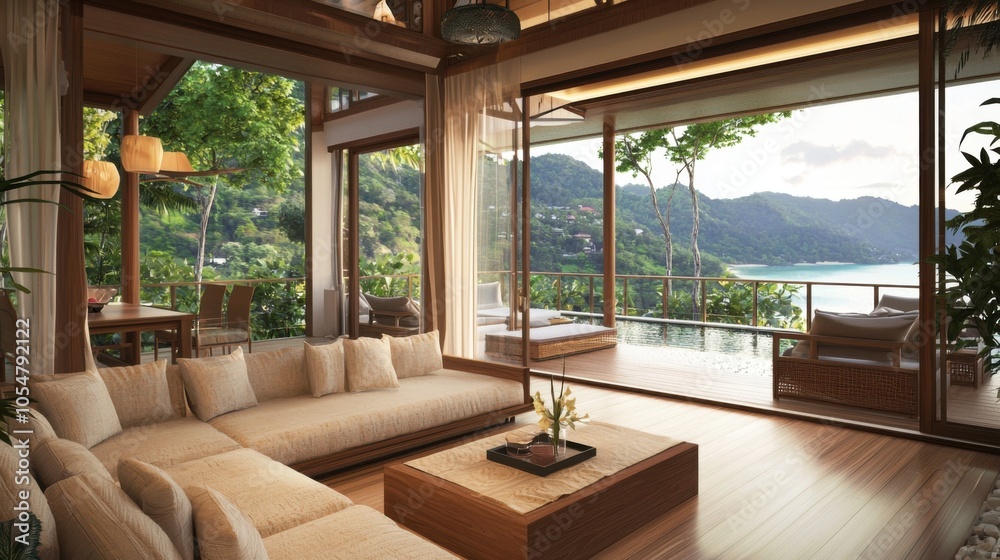 Luxurious Seaside Living Room Interior with Floor-to-Ceiling Windows Luxurious Seaside Living Room Interior with Floor-to-Ceiling Windows