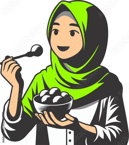 illustration of a Muslim woman eating meatballs 