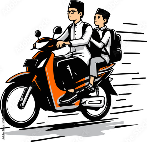 Two Muslim men riding a motorcycle 