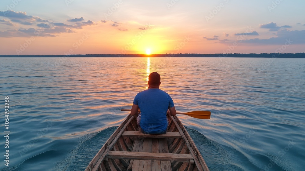 Man Rowing Boat on Calm Lake at Sunset Man Rowing Boat on Calm Lake at Sunset