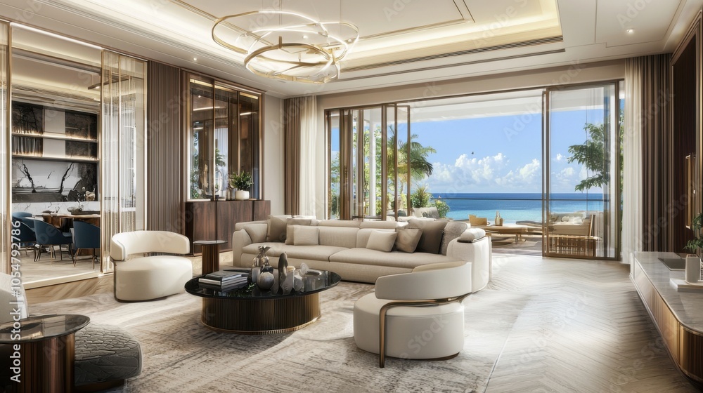 Luxurious Seaside Living Room Interior with Floor-to-Ceiling Windows Luxurious Seaside Living Room Interior with Floor-to-Ceiling Windows
