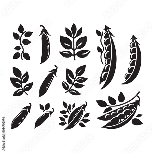 Set of silhouettes, stamps of green pea pods silhouette on white background
