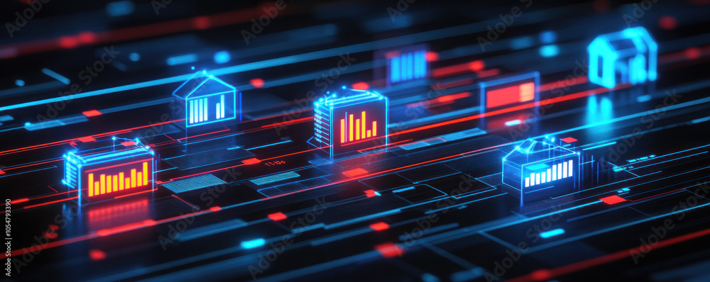 A computer screen shows a series of blue and red icons, including a house, a bank, and a car. The icons are arranged in a grid, with some overlapping and others standing alone A computer screen shows a series of blue and red icons, including a house, a bank, and a car. The icons are arranged in a grid, with some overlapping and others standing alone