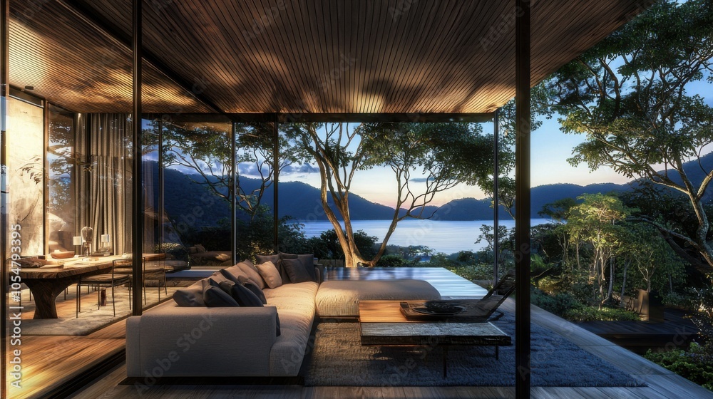Luxurious Seaside Living Room Interior with Floor-to-Ceiling Windows Luxurious Seaside Living Room Interior with Floor-to-Ceiling Windows