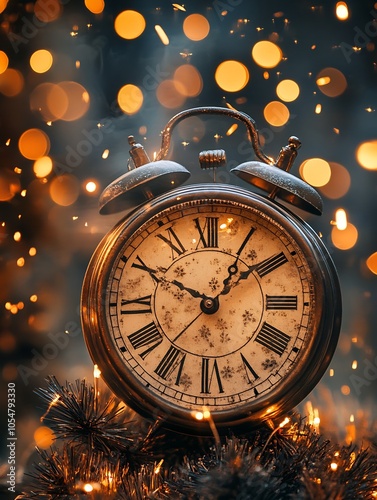 Classic Alarm Clock Surrounded by Bokeh Lights Celebrating New Year Countdown in Glowing Festive Setting : Generative AI