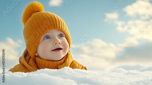 Adorable baby in yellow hat and scarf, a portrait of childhood innocence warmth, perfect for babyrelated projects photo