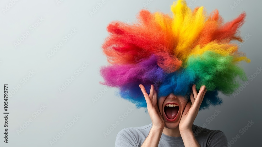 Fototapeta premium Man in rainbow wig, a vibrant portrait of pride, joy, and selfexpression