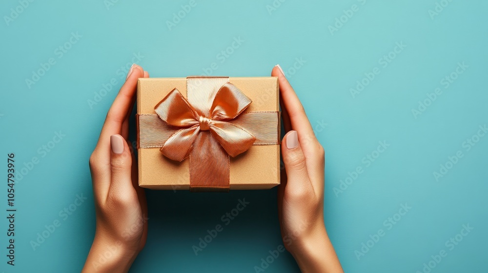 Gift box in female hands on blue background, minimal style Gift box in female hands on blue background, minimal style