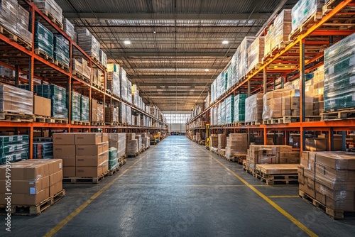 Large warehouse with rows of shelves. This image is perfect for articles about logistics, supply chain, and distribution.