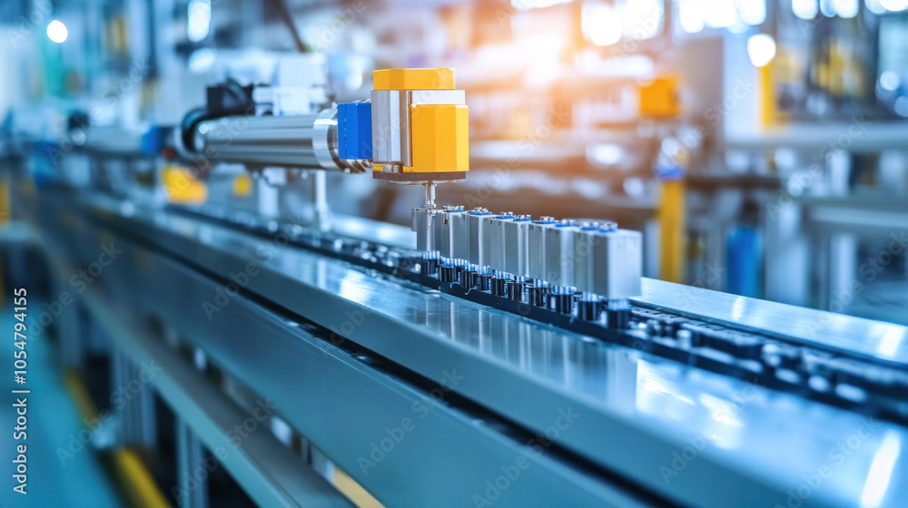 A machine is making small metal parts. The machine is blue and silver A machine is making small metal parts. The machine is blue and silver
