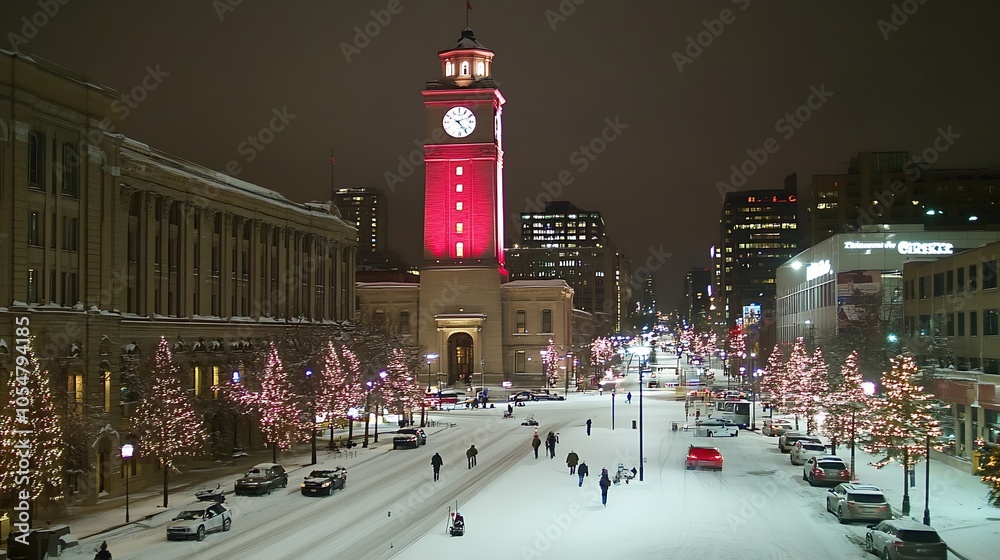 Fototapeta premium Bustling City Square with Festive Christmas Decorations and Red Clock Tower : Generative AI