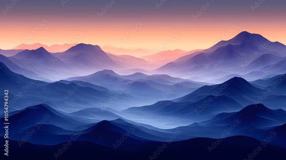 Obraz premium A serene view of rolling blue mountains at dusk, cascading into softer shades of purple and orange, creating a tranquil and dreamy atmosphere.