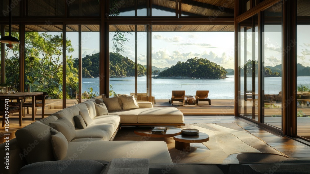 Luxurious Seaside Living Room Interior with Floor-to-Ceiling Windows Luxurious Seaside Living Room Interior with Floor-to-Ceiling Windows