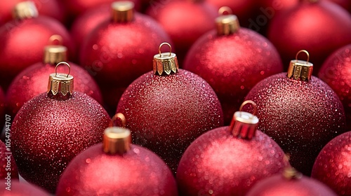 Closeup of Shiny Red Christmas Ball Ornaments with Glitter Finish for Festive Decorations : Generative AI