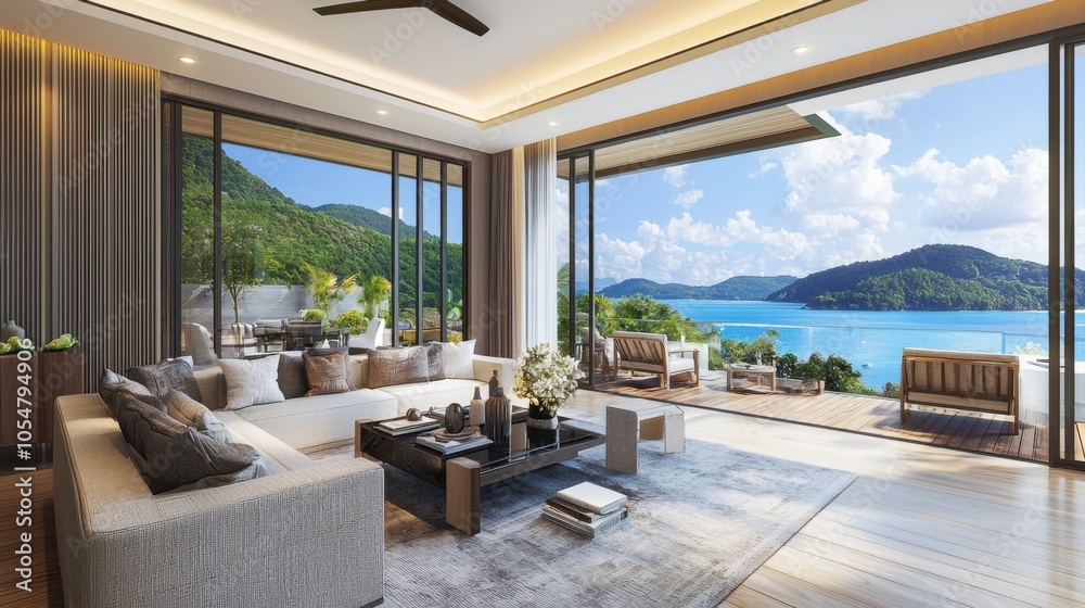 Luxurious Seaside Living Room Interior with Floor-to-Ceiling Windows Luxurious Seaside Living Room Interior with Floor-to-Ceiling Windows
