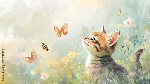 Pastel-colored watercolor kitten playing with butterflies in a dreamy meadow
