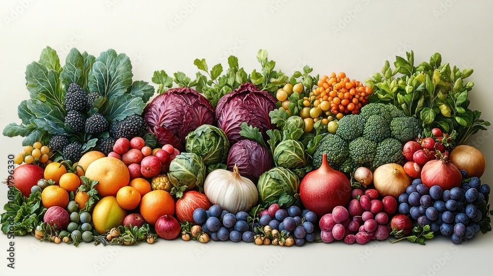 Colorful arrangement of various fruits and vegetables. Colorful arrangement of various fruits and vegetables.