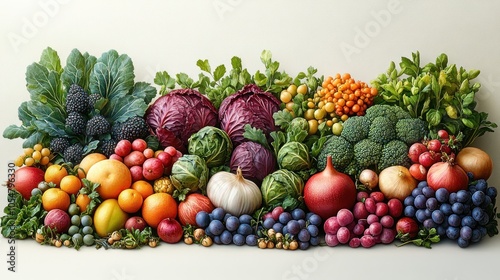 Colorful arrangement of various fruits and vegetables.