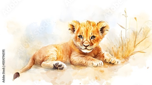 Soft watercolor baby lion resting in a pastel-colored savannah