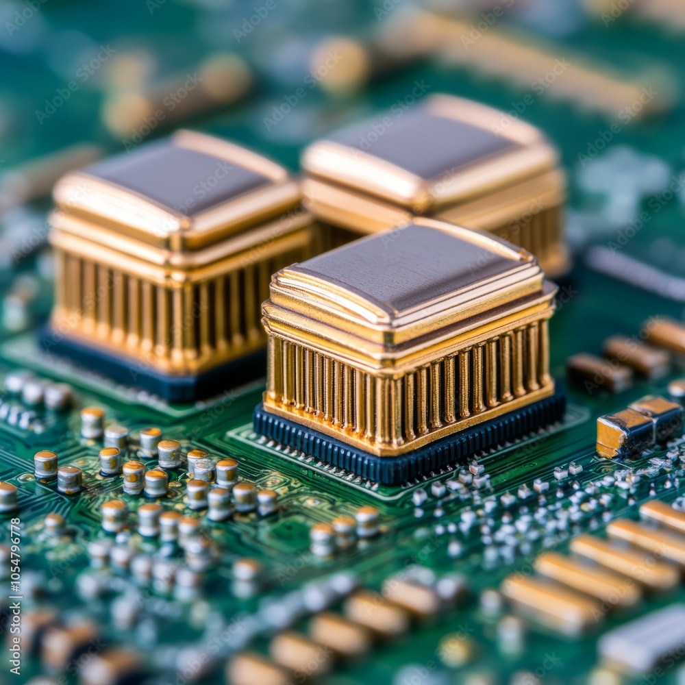 Close-up of a circuit board with three gold-capped microchips. Close-up of a circuit board with three gold-capped microchips.