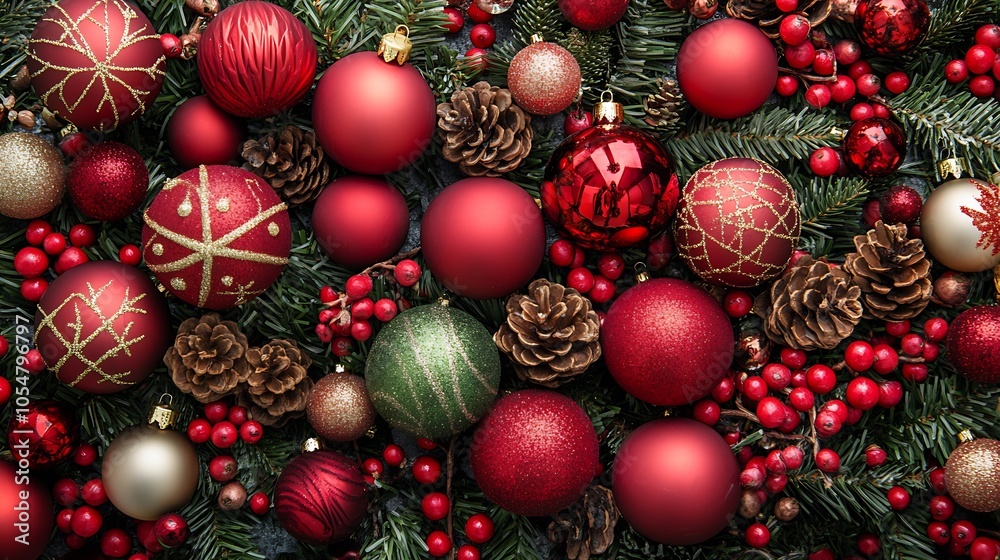 Vibrant Display of Red and Green Christmas Ornaments with Pinecone Accents : Generative AI Vibrant Display of Red and Green Christmas Ornaments with Pinecone Accents : Generative AI