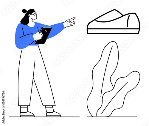 Woman with clipboard pointing at a shoe model. Large leaf plant in the foreground. Ideal for e-commerce, retail, technology integration, education, product demonstration, fashion industry, digital