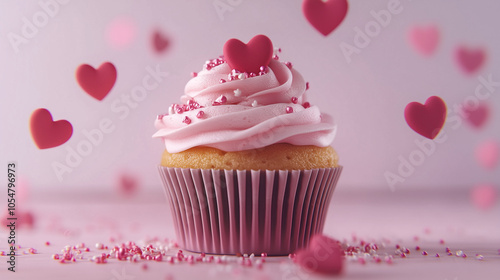 Love is in the Air: A delightful pink cupcake, adorned with heart-shaped sprinkles and a charming pink heart on top, is surrounded by floating hearts, creating a dreamy, romantic atmosphere. photo