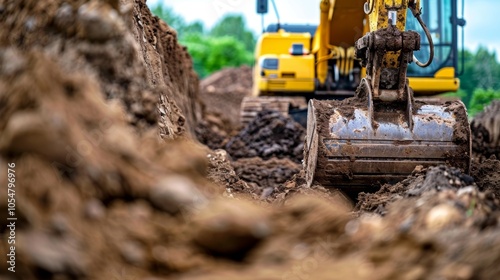 The excavators powerful arm digging through layers of soil as workers prepare the groundwork for a new construction project.