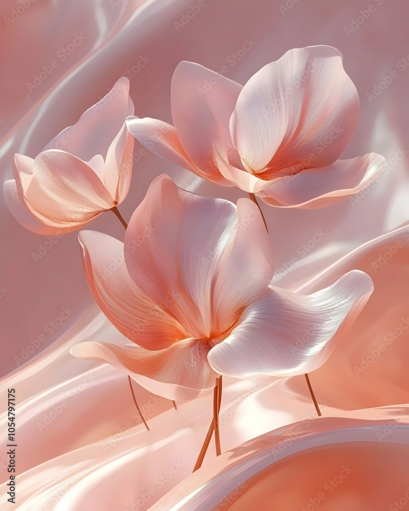 Obraz premium Delicate pink flowers gracefully rise above soft, flowing fabric, embodying elegance and tranquility in a serene, pastel composition.