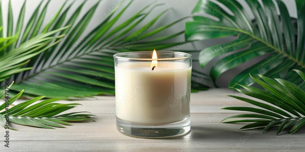 Soy wax candle in clear glass container with tropical scent front view mockup, scented candle, mockup, clear glass Soy wax candle in clear glass container with tropical scent front view mockup, scented candle, mockup, clear glass