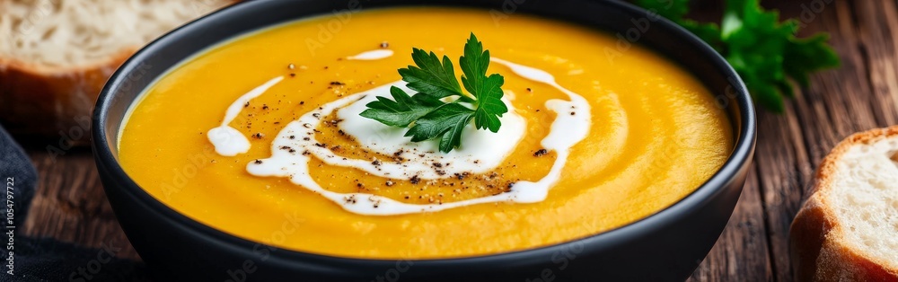 Pumpkin and carrot soup with herbs on rustic wooden table Pumpkin and carrot soup with herbs on rustic wooden table