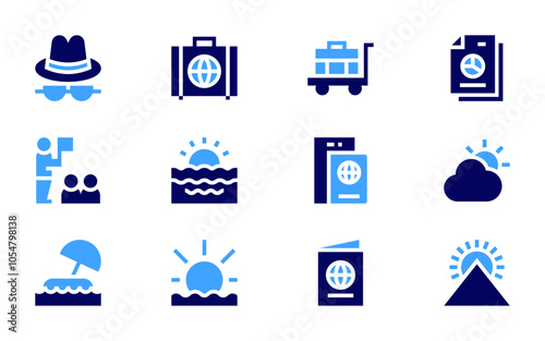 Travel icon set. Bold style. Duotone colors. travel, online business, luggage, pyramid, sun, sunset, hat, passport, island, tour