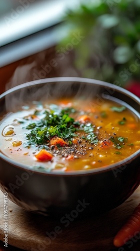 Pumpkin and carrot soup with herbs on rustic wooden table