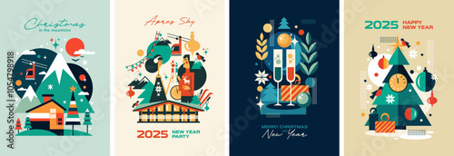 Set of stylish posters in geometric style on the theme of winter, Christmas and New Year's holiday. Mountains, winter, ski resort, champagne, Christmas tree, cozy houses and festive mood