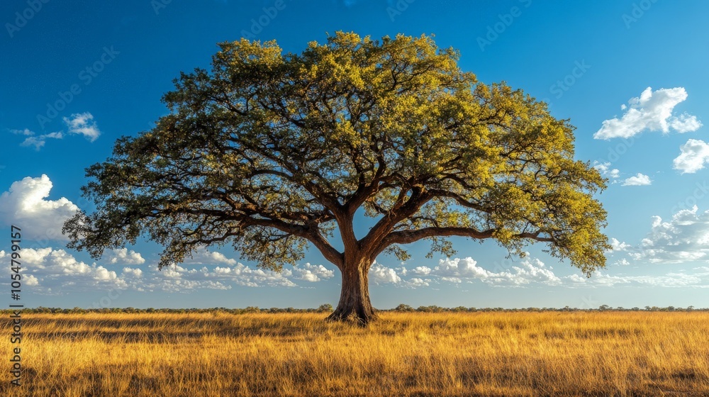 A towering giant oak tree standing alone in the middle of a grassy plain A towering giant oak tree standing alone in the middle of a grassy plain