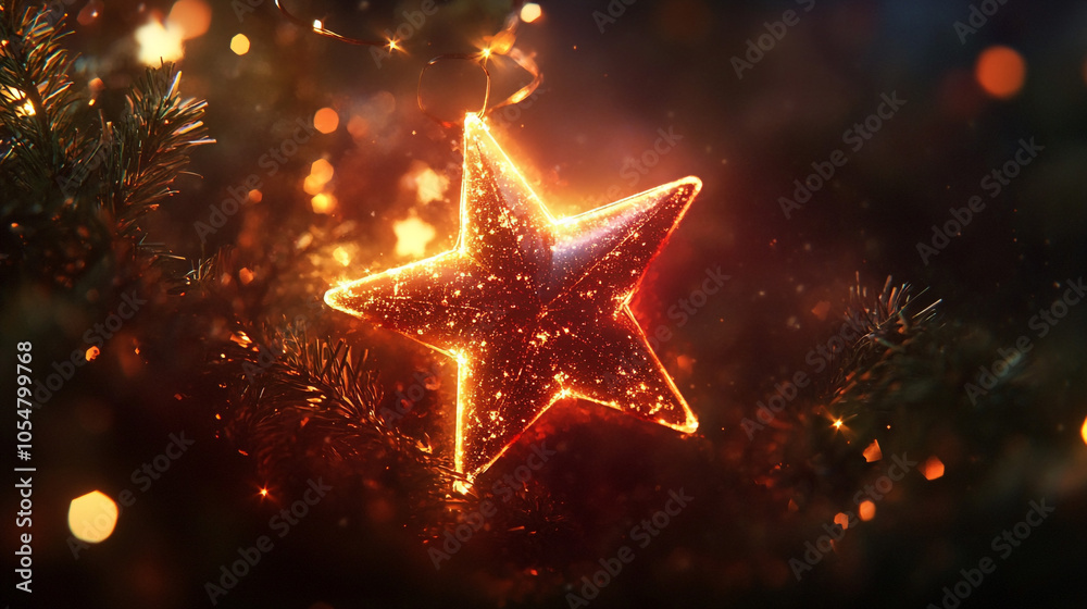 Magical Christmas Star Ornament Glowing in Holiday Lights. Magical Christmas Star Ornament Glowing in Holiday Lights.