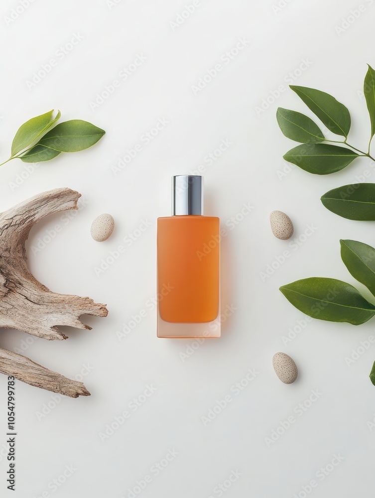 High-angle shot of an organic cosmetic bottle on a white surface, surrounded by green leaves, pebbles, and driftwood, with soft light for an eco-friendly vibe High-angle shot of an organic cosmetic bottle on a white surface, surrounded by green leaves, pebbles, and driftwood, with soft light for an eco-friendly vibe