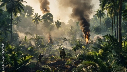 Fototapeta Naklejka Na Ścianę i Meble -  A jungle battlefield filled with fire and smoke caused by the war