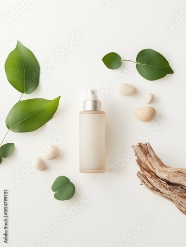 Organic cosmetic bottle centered on white, with leaves, pebbles, and driftwood, softly lit to emphasize purity and natural ingredients